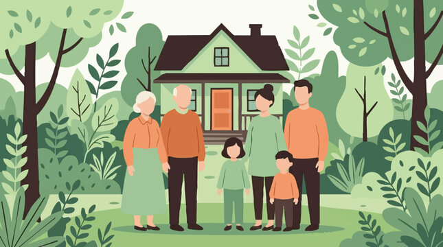 Multi-generational family standing in front of a house surrounded by nature