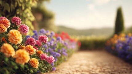Obraz premium Vibrant Garden Pathway Surrounded by Colorful Blooms Under Soft Natural Light in the Background of Rolling Green Hills and Scenic Landscape
