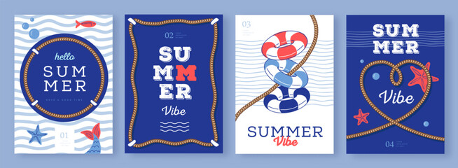 Naklejka na ściany i meble Set of summer striped sea vacation posters or covers with inflatable swim rings. Vector illustration