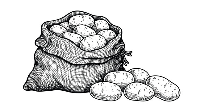 Burlap sack filled with fresh harvested potatoes and scattered tubers on a white background in vintage hand-drawn style.