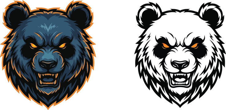 Fierce bear and panda head mascots with glowing eyes and open mouths, depicted in a stylized, aggressive illustration suitable for sports teams or gaming logos.