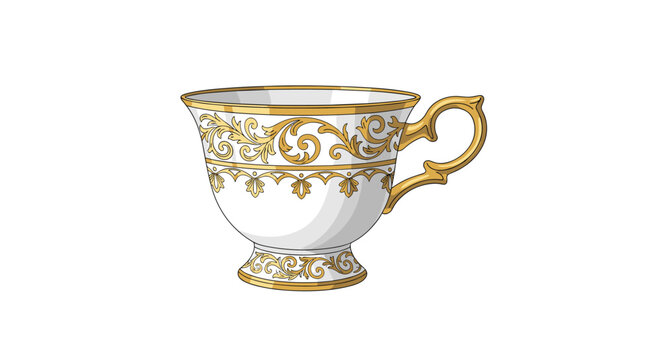 Luxury white porcelain teacup adorned with ornate gold filigree pattern and elegant handle for classic table setting.