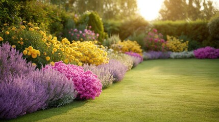 Obraz premium Vibrant Flower Garden in Full Bloom with Colorful Blossoms and Lush Green Grass in a Sunlit Atmosphere