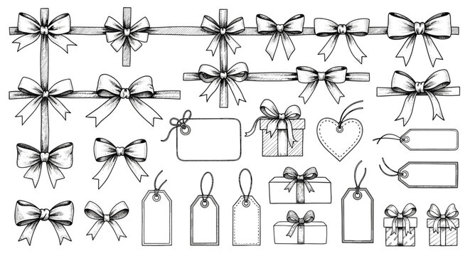 Set of vintage style hand-drawn sketches featuring decorative bows, ribbons, wrapped gift boxes, and blank gift tags.