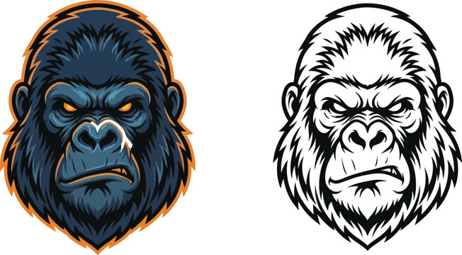 Fierce gorilla head vector illustration in color and black and white, showcasing an angry primate face with detailed fur and intense expression.