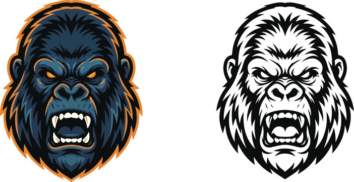 Aggressive gorilla head mascot illustration in color and black and white, featuring a roaring ape with bared teeth and fierce expression.