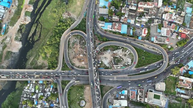 Aerial Shot of Anna Nagar Flyover and Urban Traffic in Chennai Tamil Nadu India