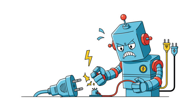 Angry cartoon robot character attempting to fix a disconnected power plug with sparks flying from the damaged wire connection.