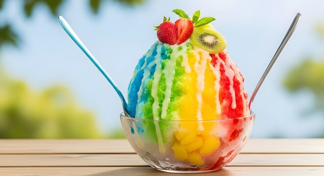 Refreshing colorful shaved ice dessert topped with fresh fruit and sweet condensed milk in bowl colorful tropical