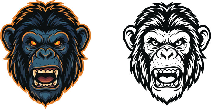 Fierce gorilla or ape head illustration, roaring with an aggressive expression, presented in both vibrant color and stark black and white styles.