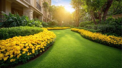 Obraz premium Scenic garden pathway with vibrant yellow flowers, lush greenery, and soft sunlight illuminating a serene outdoor space at sunrise