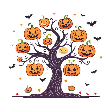 Halloween tree with pumpkins and bats