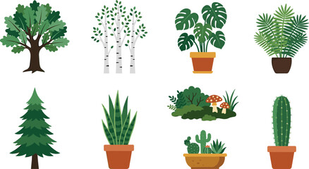 Fototapeta premium Green Plant and Tree Vector Icon Set with Monstera, Cactus, Snake Plant, Mushroom, and Birch for Nature and Botanical Designs