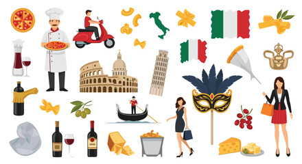 Fototapeta premium Comprehensive collection of colorful icons and illustrations representing Italian culture, food, landmarks, and lifestyle.
