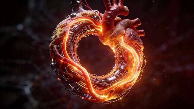 Biomechanical heart with muscle vessels and glowing mechanical ring in dark environment