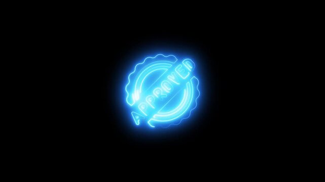 Glowing neon approved stamp motion on black background