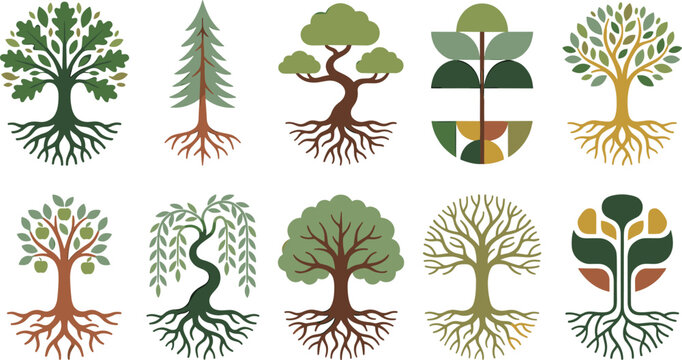 Tree of Life Vector Icon Set with Roots Featuring Oak, Pine, Bonsai, Willow, and Apple Trees for Nature and Ecology Design