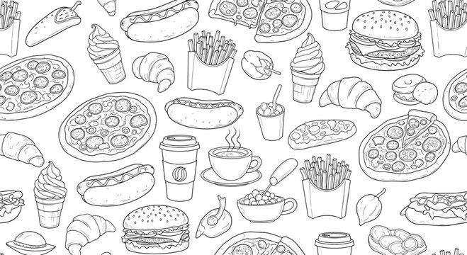 Detailed seamless pattern featuring many different fast food items including pizza, burgers, hot dogs, and drinks.
