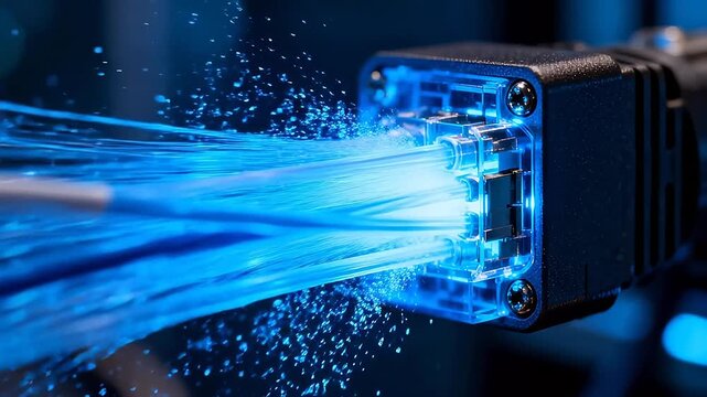 Blue light beams bursting from transparent fiber optic connector in darkness