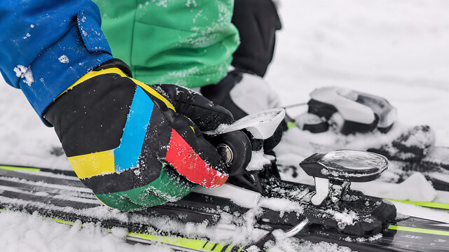 Close up of a skier adjusting ski bindings on snow in winter resort