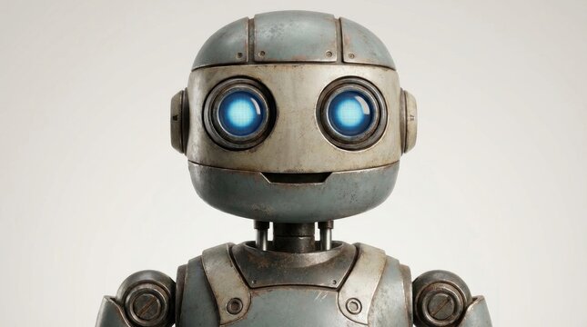 The friendly robot stands with raised arms concept. Friendly robot with blue eyes, showcasing futuristic design.