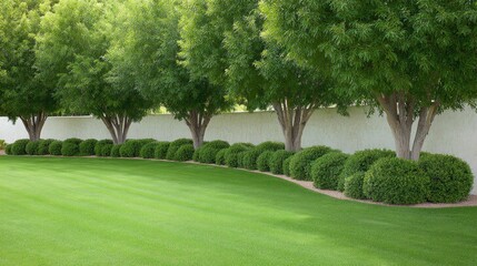 Obraz premium Lush Green Lawn with Neatly Trimmed Bushes and Trees Under Clear Blue Sky in a Tranquil Outdoor Environment for Relaxation and Enjoyment