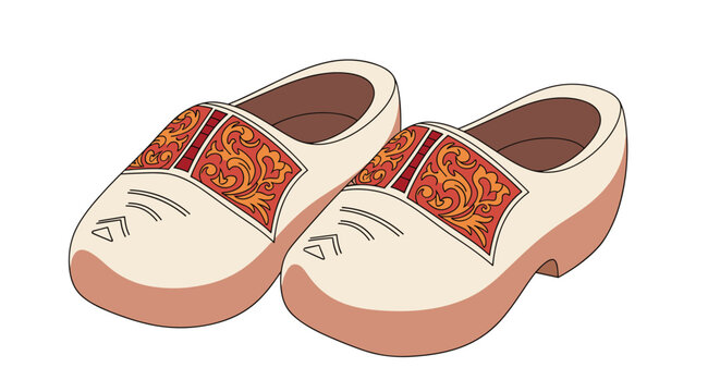 Pair of traditional wooden clogs with detailed red and orange decorative floral patterns on a plain white background.