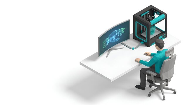 Corporate AI prototyping workplace with 3D printer and designer

