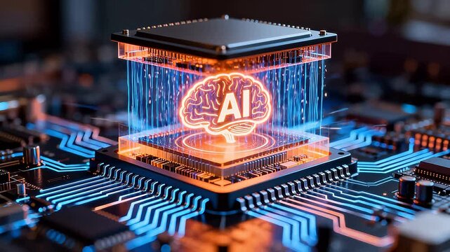 Glowing brain shape with AI text inside transparent chip on circuit board
