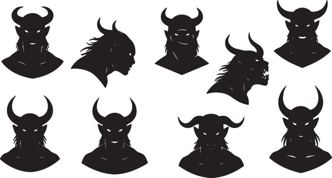 Set of nine black vector silhouettes depicting horned demon heads and devilish monster busts isolated on a white background with various horn styles and menacing glowing eyes.