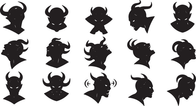 Collection of fifteen black silhouette illustrations of demon heads and devil busts with horns, featuring various expressions and profile views isolated on a white background.