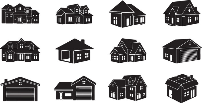 Collection of twelve black house and residential building silhouettes including suburban homes, mansions, and garages with roller doors isolated on a white background vector.