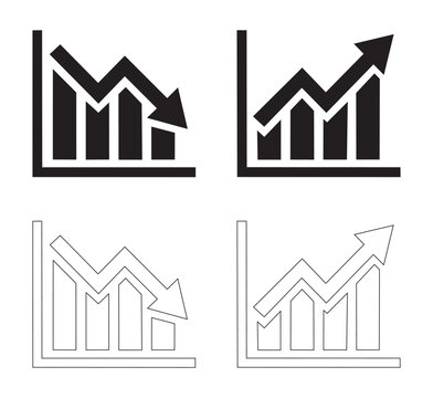 Financial Bar Graph Chart Vector Icon Set Showing Upward Business Growth and Downward Market Trend Arrow Lines in Solid Black and Line Art Formats