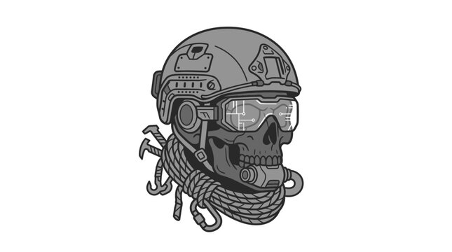 Tactical military skull with goggles and climbing rope gear.