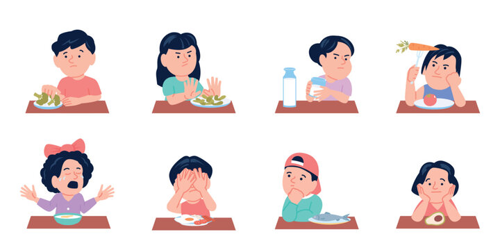 Kids unhappy food. Children not eating healthy meals. Upset child with broccoli, beans, fish, avocado, milk glass and porridge. Nutrition recent vector scenes