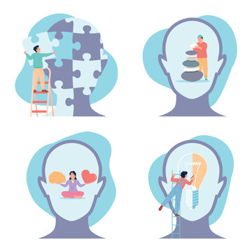 Balance in mind. Tiny people repair brain. Putting puzzle, reason and feelings are friends. Psychology and psychotherapy, emotional healthcare, recent vector scenes