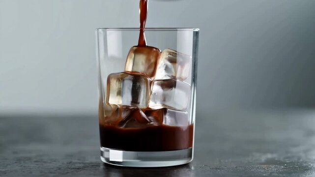 Rich cold brew coffee is poured over large ice cubes in a clear glass, creating a premium and modern beverage presentation.