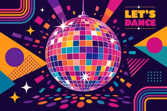 Shimmering pop art disco ball graphic with retro geometric lines