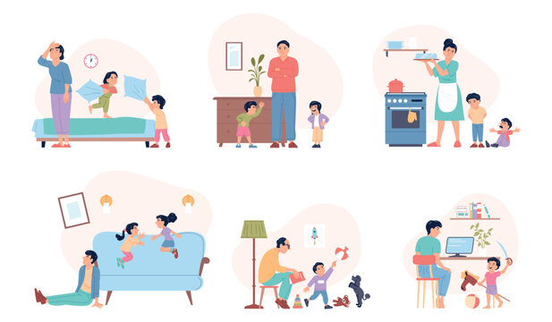 Tired unhappy parents. Mothers fathers and naughty children. Upset parent cant working, doing housework, resting. Family exhausted recent vector scenes