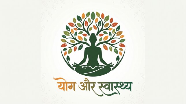 Yoga Aur Svaasthya Hindi Typography with Meditation Tree Design  
