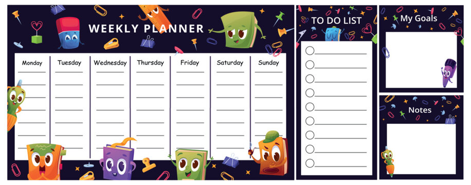 School planners set. Weekly planner from monday to sunday, to do list, my goals and notes block. Cartoon books and stationery. Bright schedule list nowaday vector design