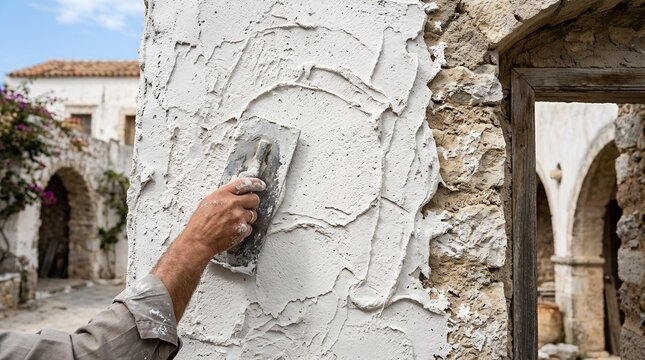 Detailed View of Thick White Plaster Being Applied with a Handheld Trowel Creating Organic Mediterranean Textures for Modern Architectural Interiors and Minimalist Home Design Renovations.