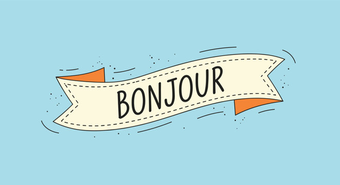 Decorative hand drawn ribbon banner with the word bonjour written in elegant lettering set against a soft blue textured backdrop.