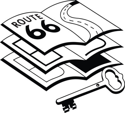 Route 66 map, vintage road sign, travel vector icon, black and white illustration