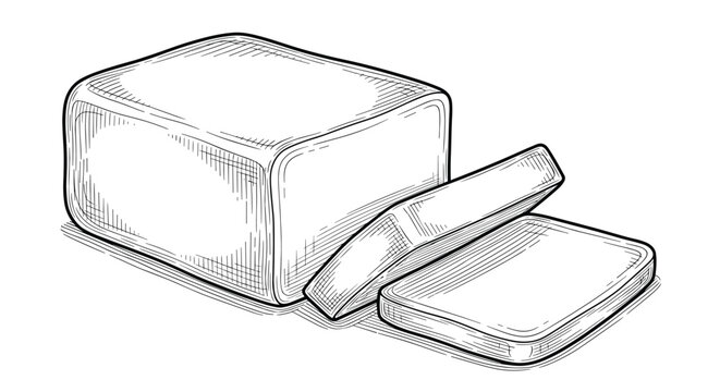 Classic black and white engraving of a solid block of butter with a thin slice cut off showing its creamy texture and smooth edges.