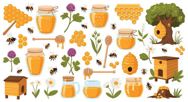 Massive collection of various honey related illustrations including bees jars honeycombs and flowers for sweet and natural themes.