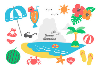 夏の海のイラストセット ビーチ 南国 ハイビスカス © yuutonton