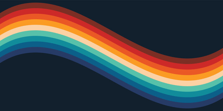 Abstract colorful 70s background vector. Vintage retro style wallpaper with lines, rainbow wavy stripes. 1970 color illustration design suitable for poster, banner, decorative, wall art.