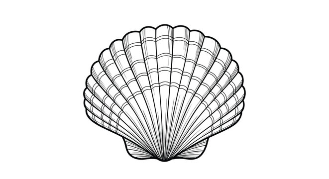 Detailed black and white engraving of a common scallop shell showing symmetrical ridges and fine line textures.