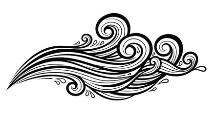 Fototapeta premium Stylized black and white graphic of flowing ocean waves with decorative swirls and splashing water droplets.